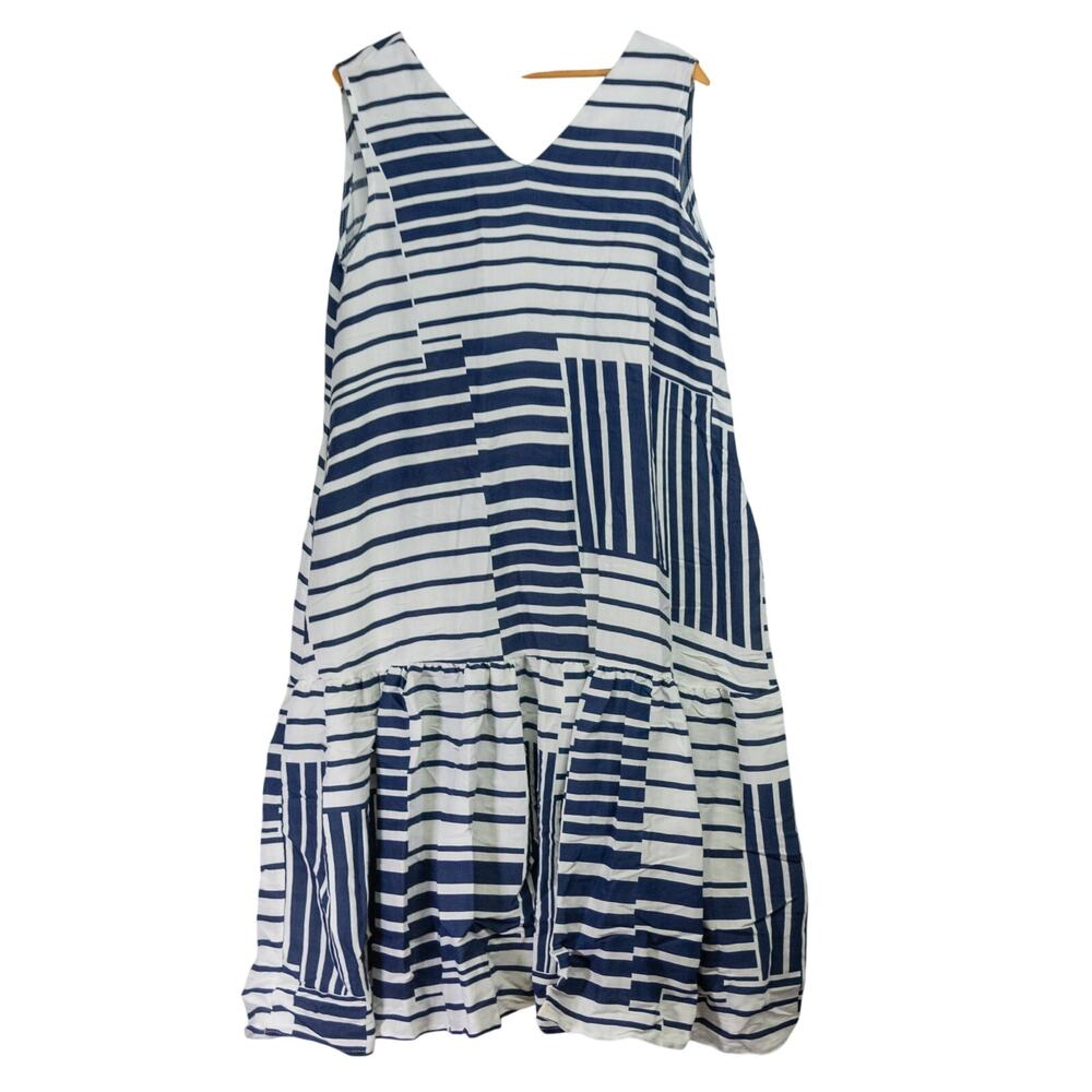 Women's Large Linen Blend Swing Dress 4 CUS Sleeveless Geometric Blue White